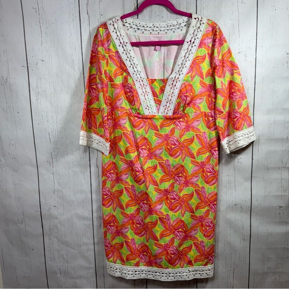 Lilly Pulitzer Floral Lace Trim Tunic Dress Size 8 Pink Orange Resort Wear Boho
